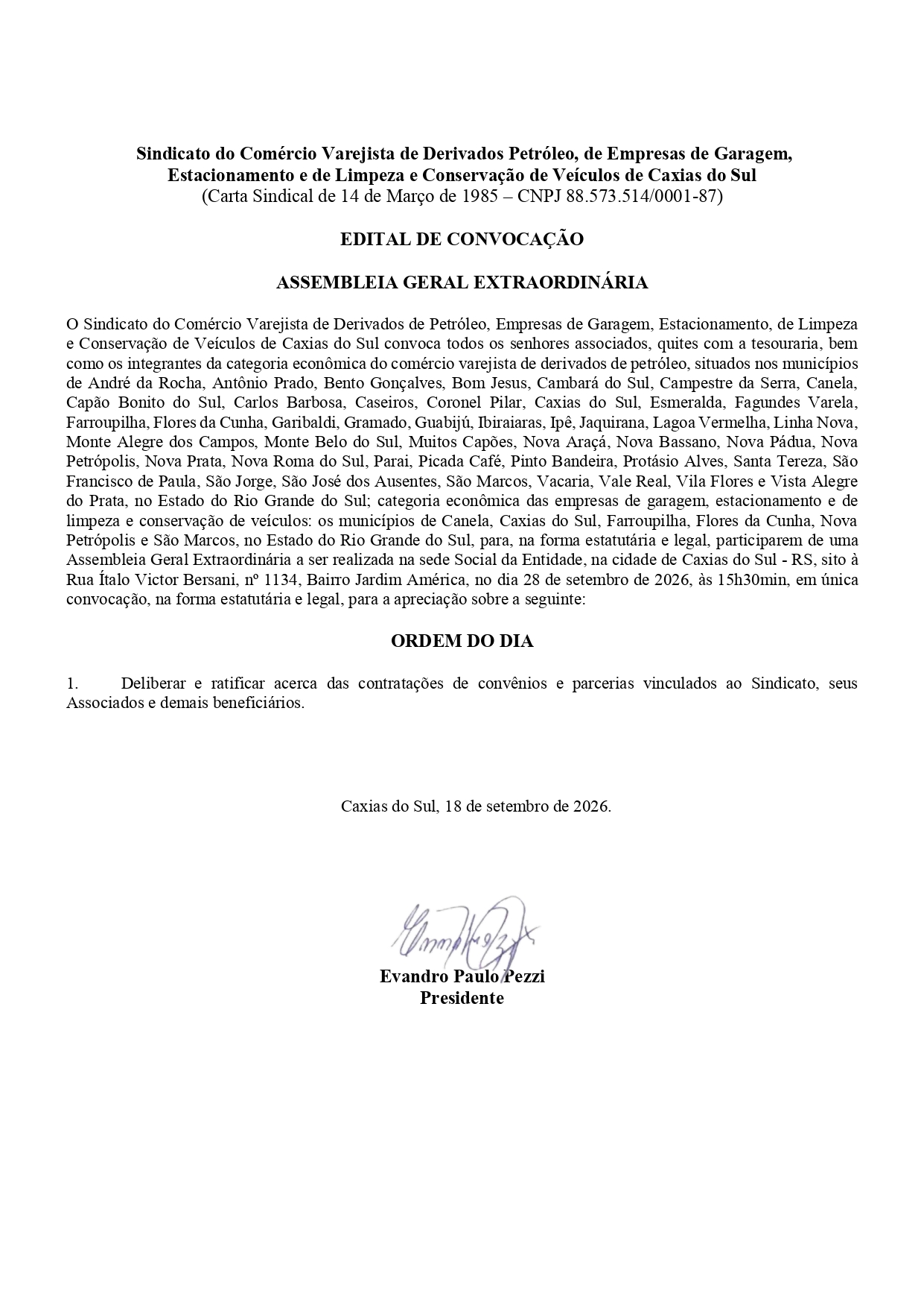 ASSEMBLEIA GERAL EXTRAORDINARIA - CONVÊNIOS